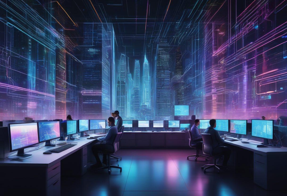 A futuristic digital landscape featuring sleek, modern buildings made of code, interconnected with neon circuits. The foreground showcases a diverse team of tech professionals working on holographic interfaces, with flowing data streams around them. Incorporate elements like AI, cybersecurity, cloud services, and mobile devices prominently. super-realistic. vibrant colors. 3D.