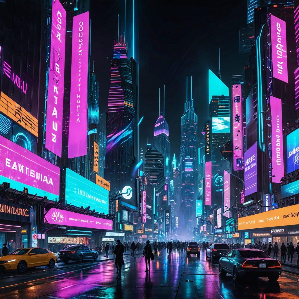 A futuristic cityscape glowing with holographic billboards and towering skyscrapers, interspersed with digital codes and symbols cascading downwards like a waterfall. A mix of robots, augmented reality interfaces, and tech-savvy individuals interacting with smart devices. The image should exude innovation and cutting-edge technology. cyberpunk. vibrant neon colors.