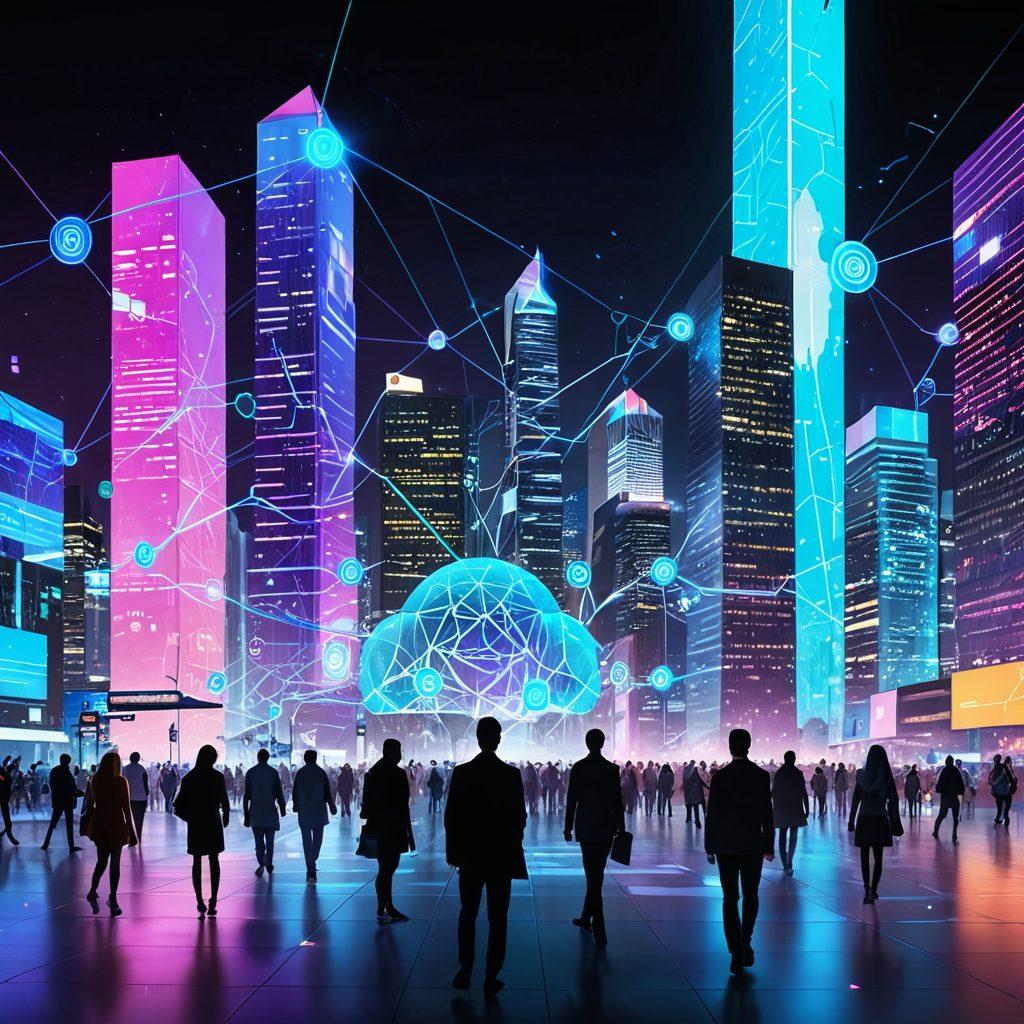 A futuristic cityscape with interconnected digital nodes representing web solutions, a diverse group of people collaborating using holographic technology, and iconic web symbols like code, cloud storage, and security shields. Include a sleek, modern design with vibrant neon colors and a sense of innovation. digital art. vibrant colors. futuristic.